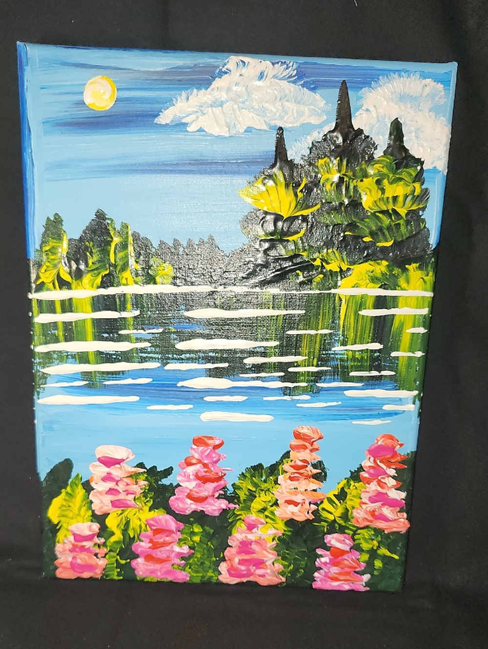 Original Hand-Painted Floral Lakeside Canvas - Pink & Blue